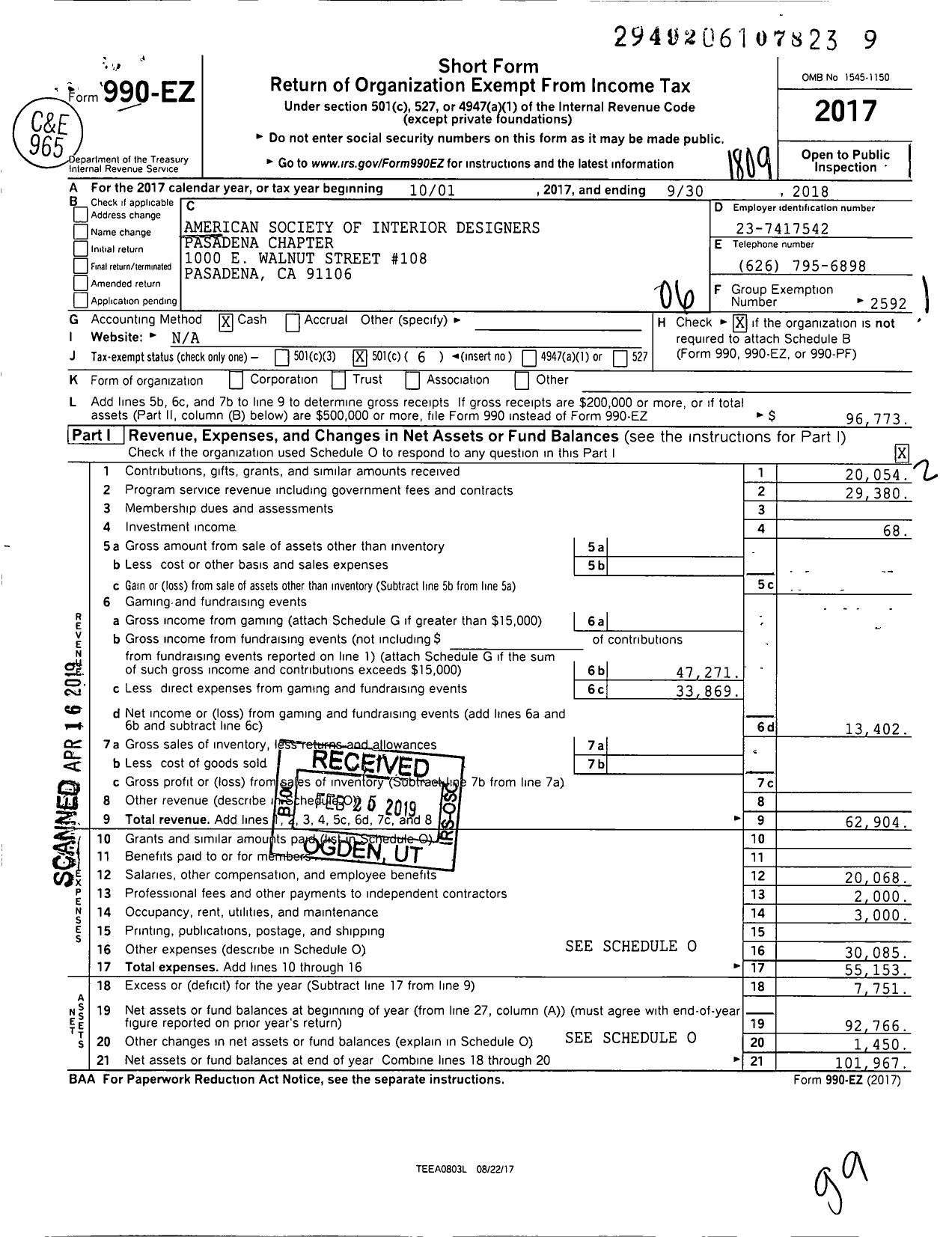 Image of first page of 2017 Form 990EO for American Society of Interior Designers / California Pasadena Chapter