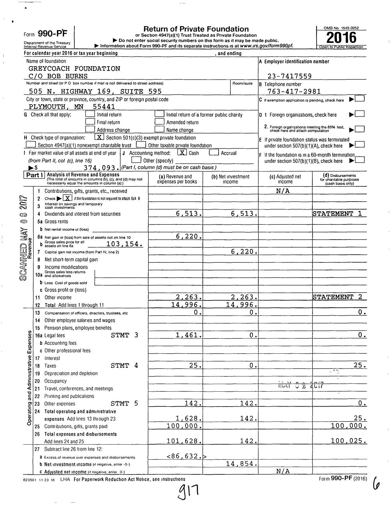 Image of first page of 2016 Form 990PF for Greycoach Foundation