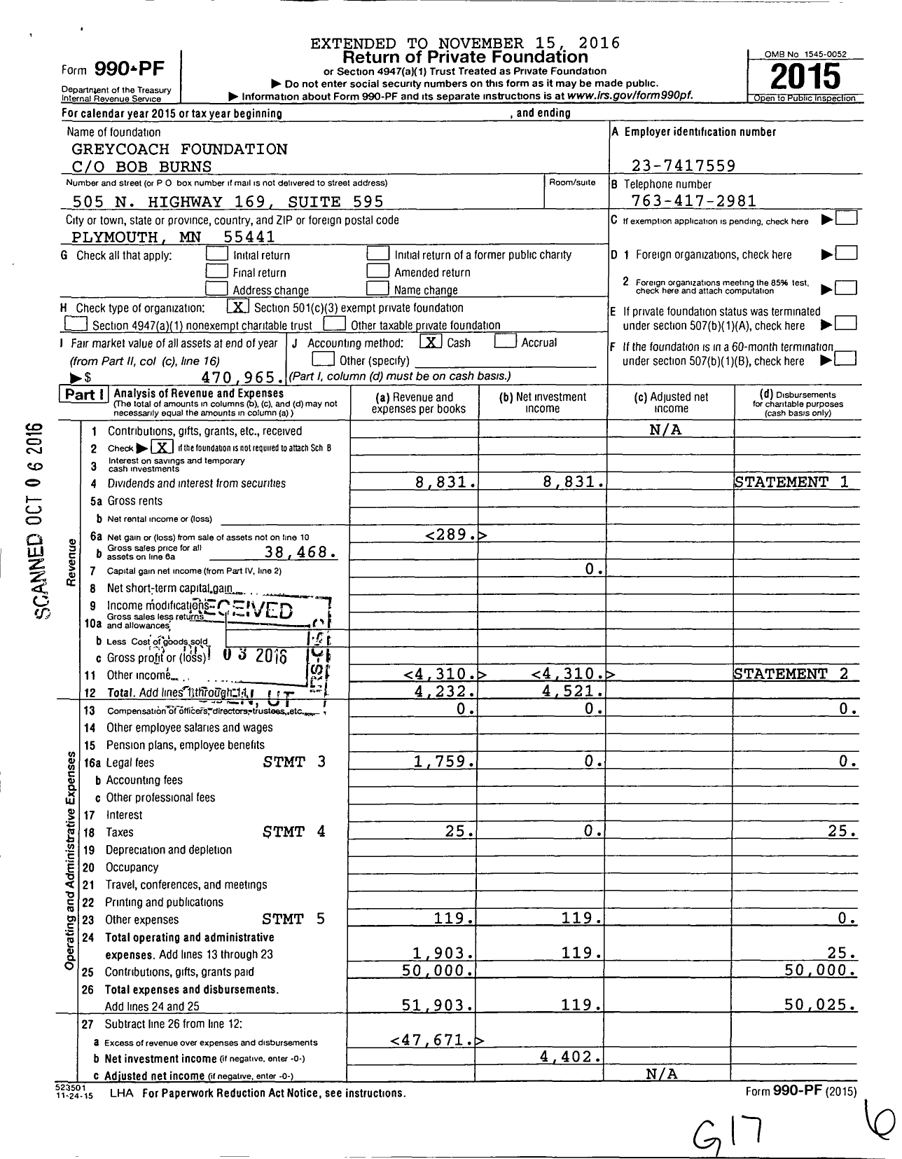 Image of first page of 2015 Form 990PF for Greycoach Foundation