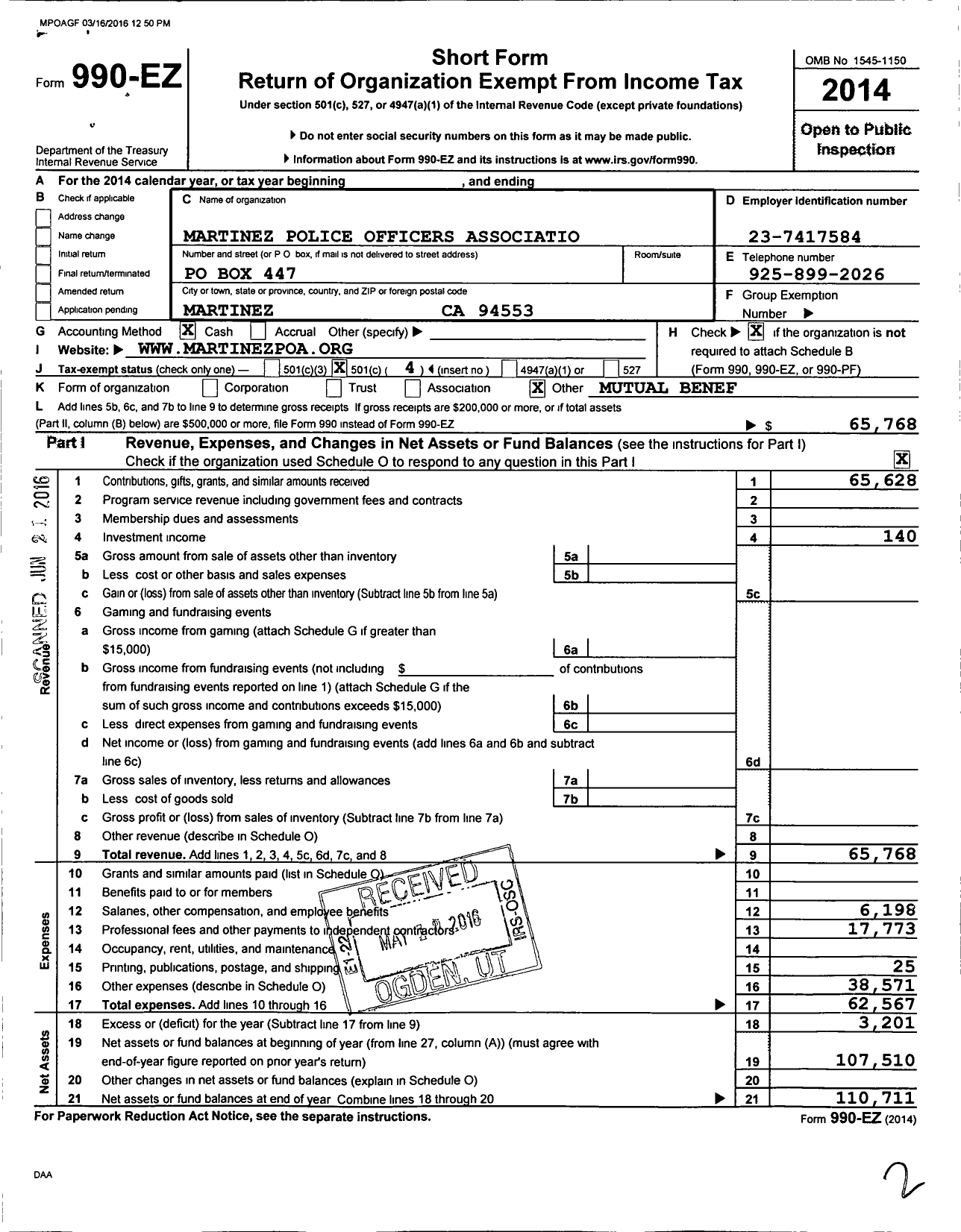 Image of first page of 2014 Form 990EO for Martinez Police Officers Association