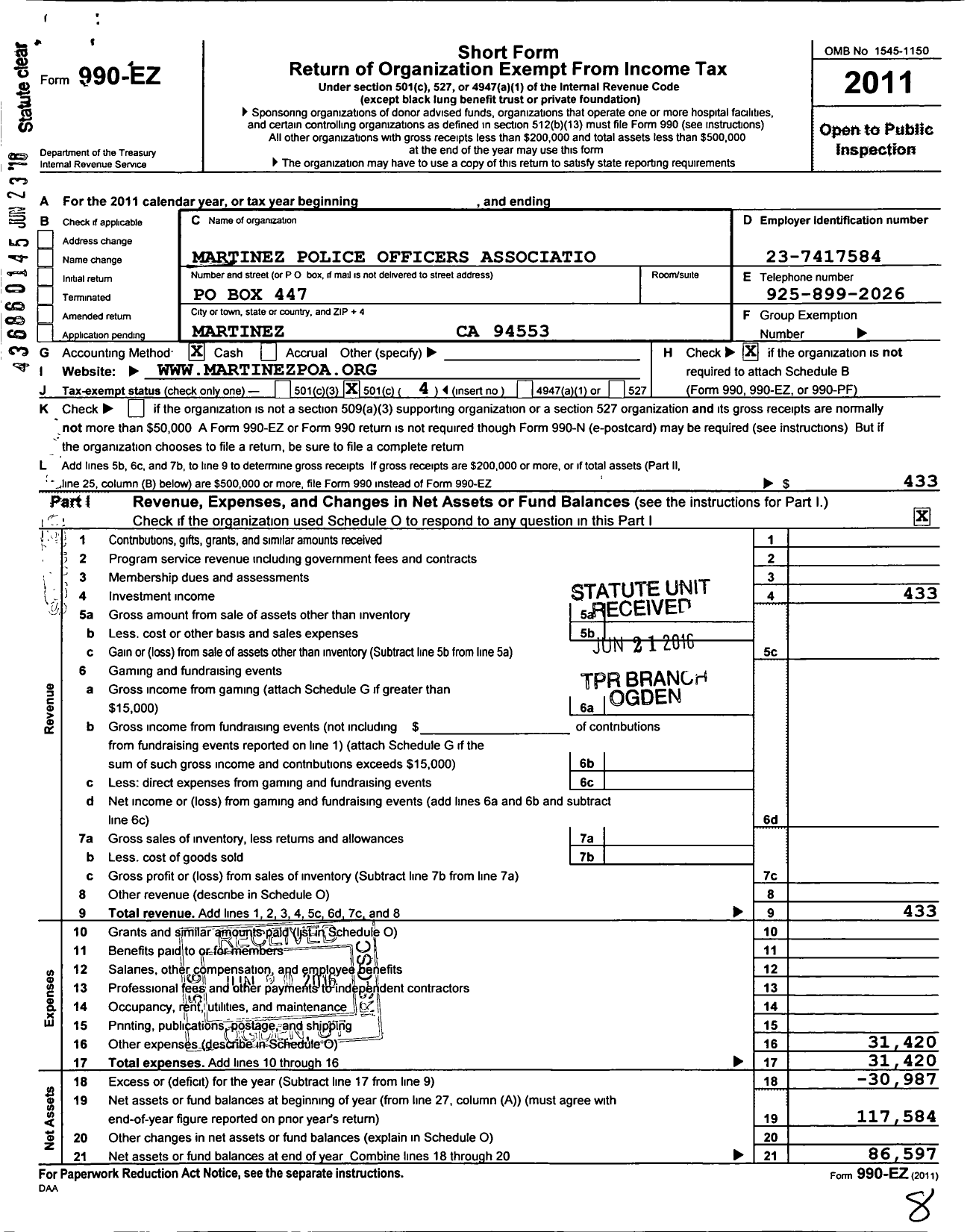 Image of first page of 2011 Form 990EO for Martinez Police Officers Association