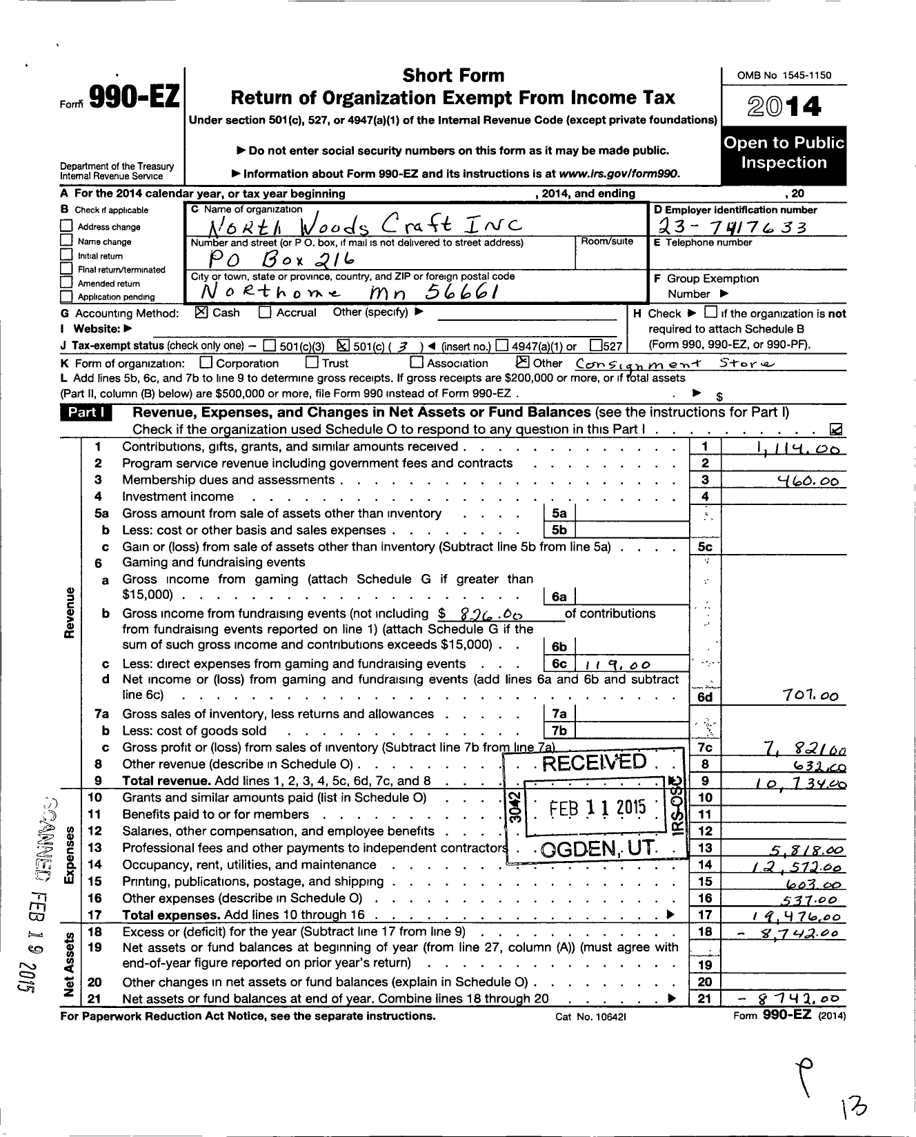 Image of first page of 2014 Form 990EZ for North Woods Craft