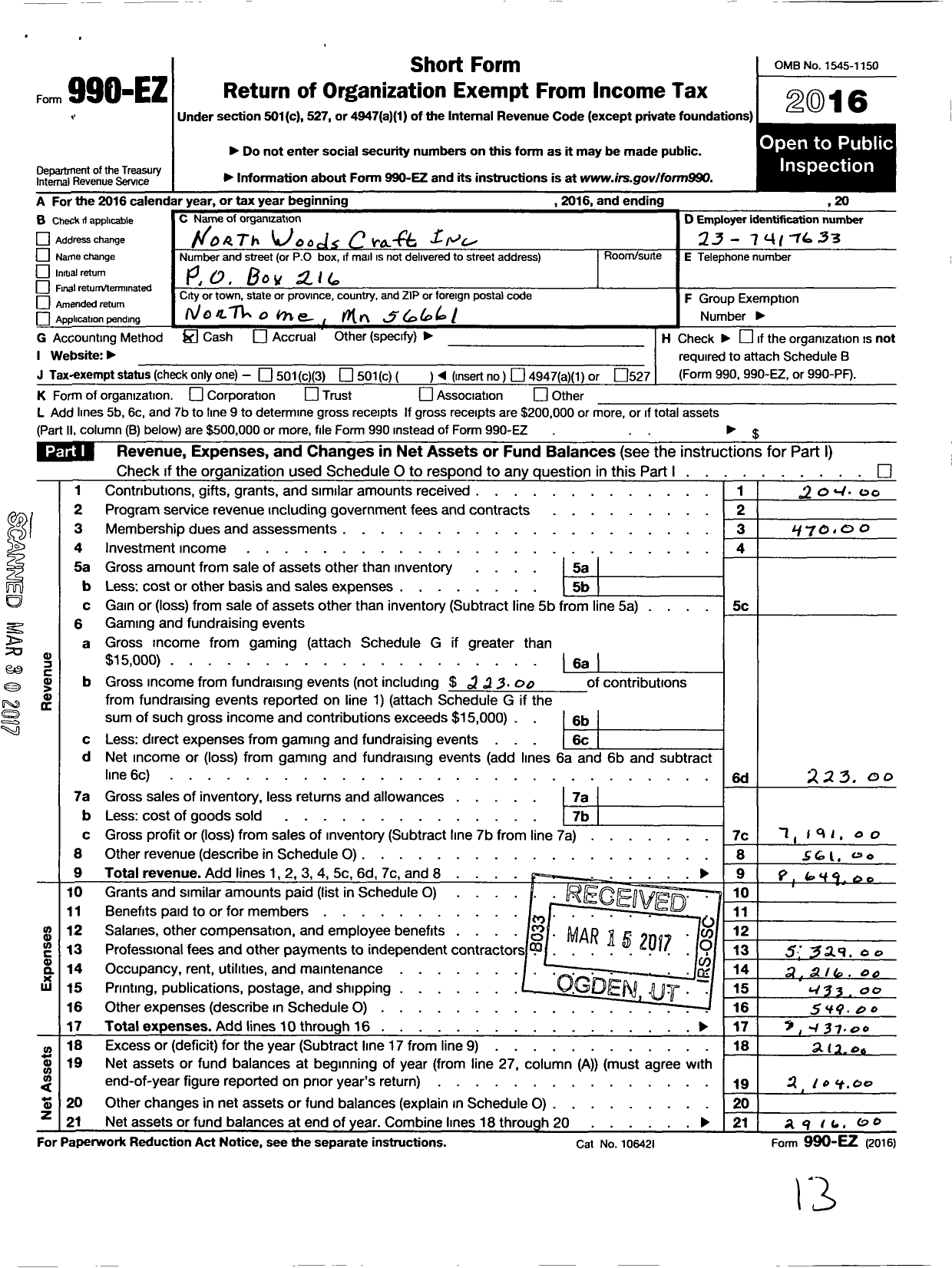 Image of first page of 2016 Form 990EO for North Woods Craft