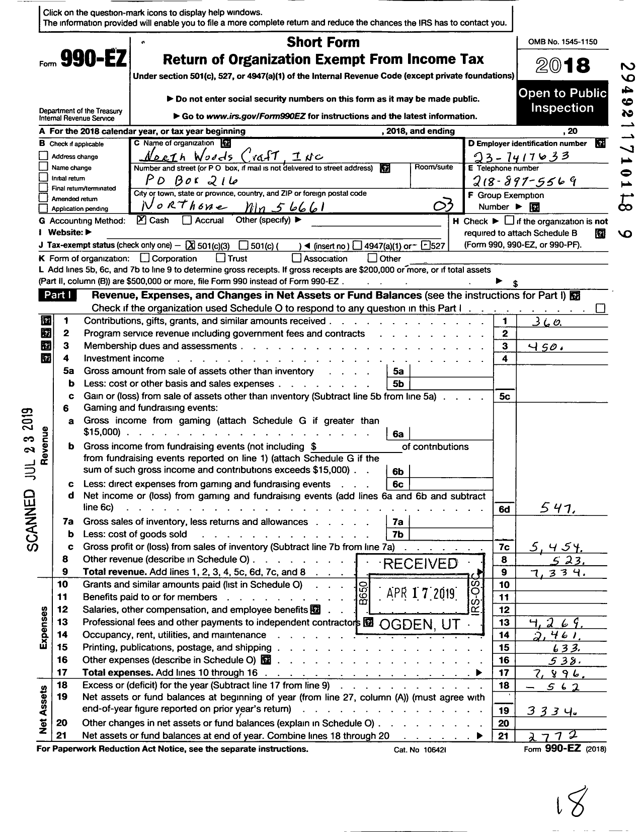 Image of first page of 2018 Form 990EZ for North Woods Craft