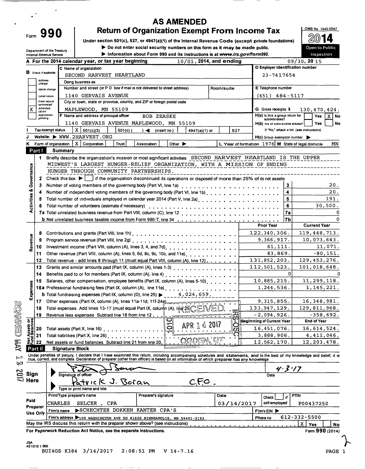 Image of first page of 2014 Form 990 for Second Harvest Heartland