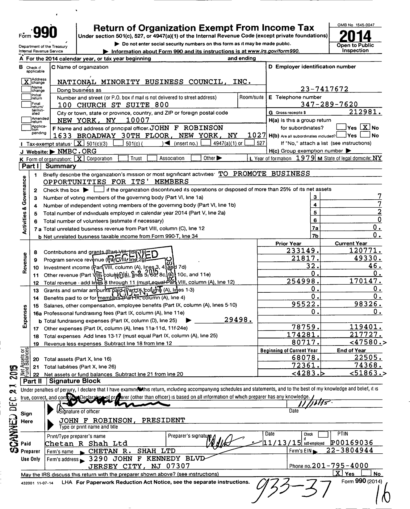 Image of first page of 2014 Form 990 for National Minority Business Council