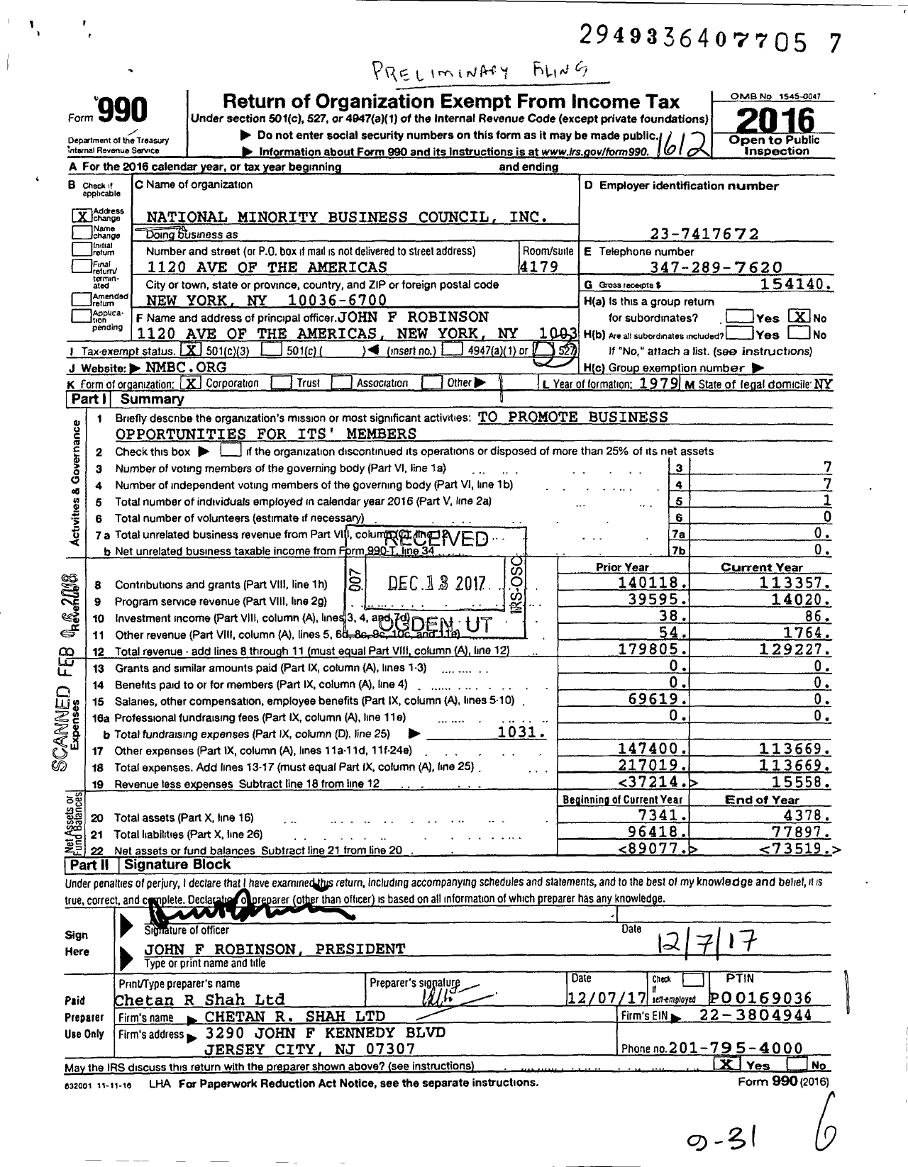 Image of first page of 2016 Form 990 for National Minority Business Council