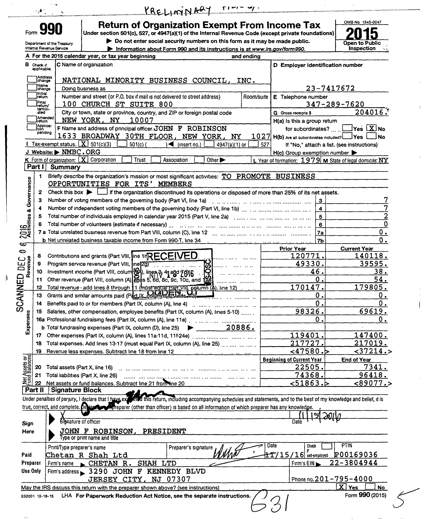 Image of first page of 2015 Form 990 for National Minority Business Council