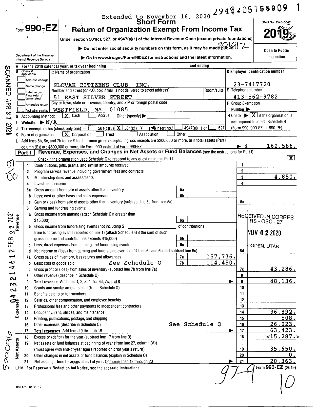 Image of first page of 2019 Form 990EO for Slovak Citizens Club