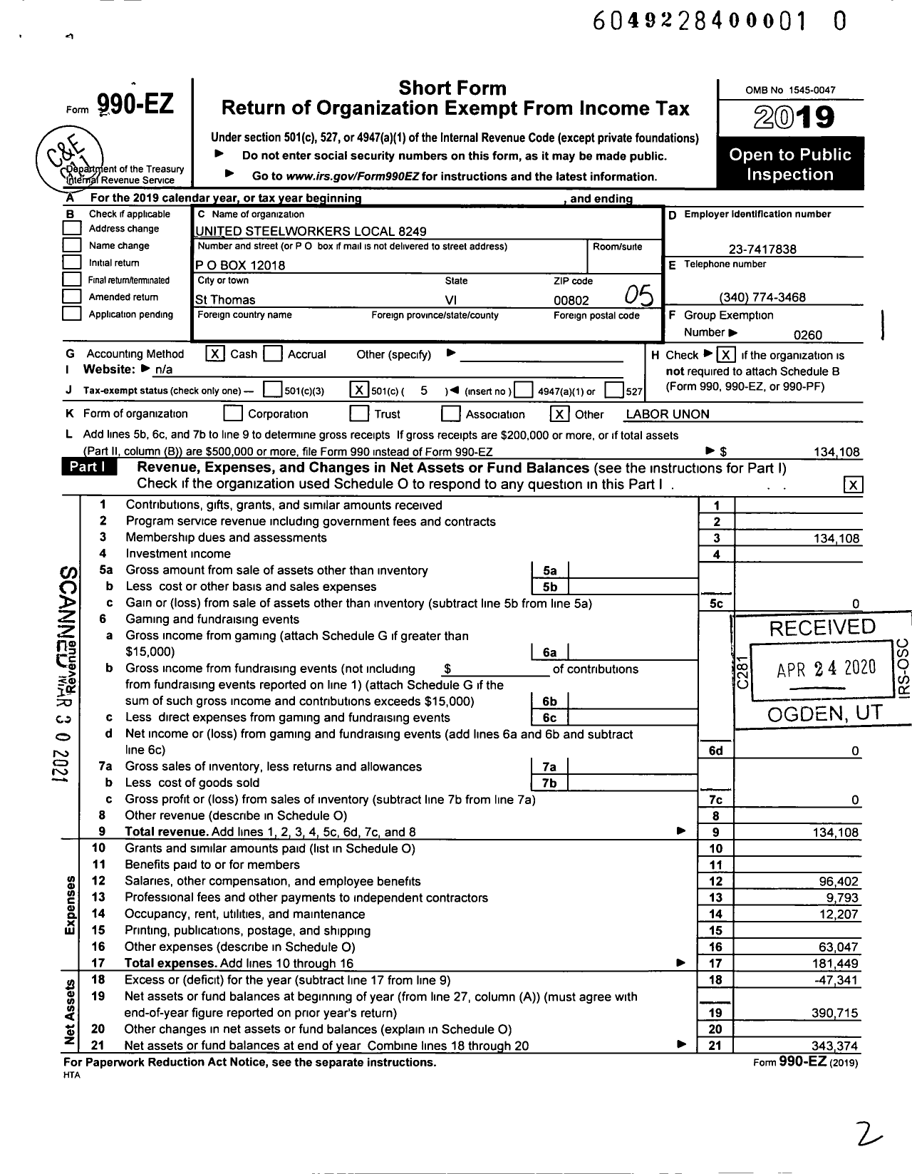 Image of first page of 2019 Form 990EO for United Steelworkers Local 8249