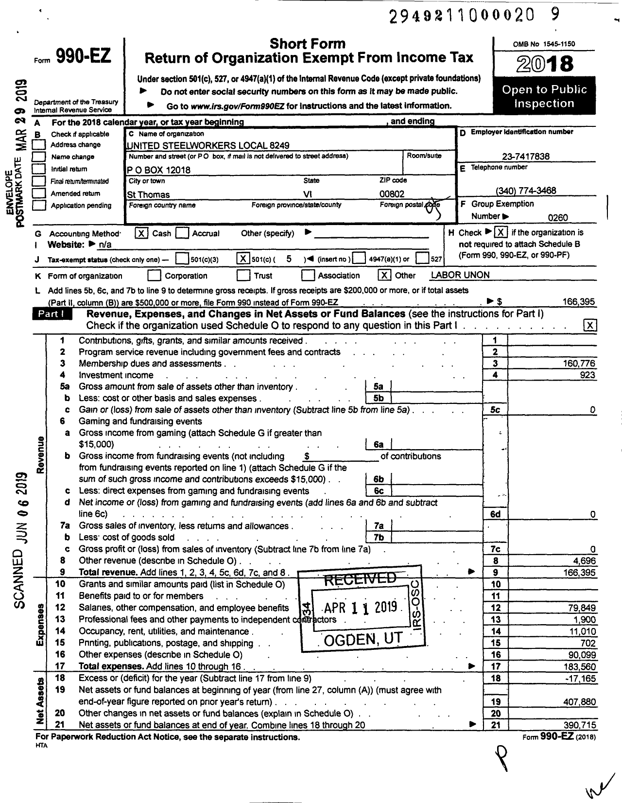 Image of first page of 2018 Form 990EO for United Steelworkers Local 8249
