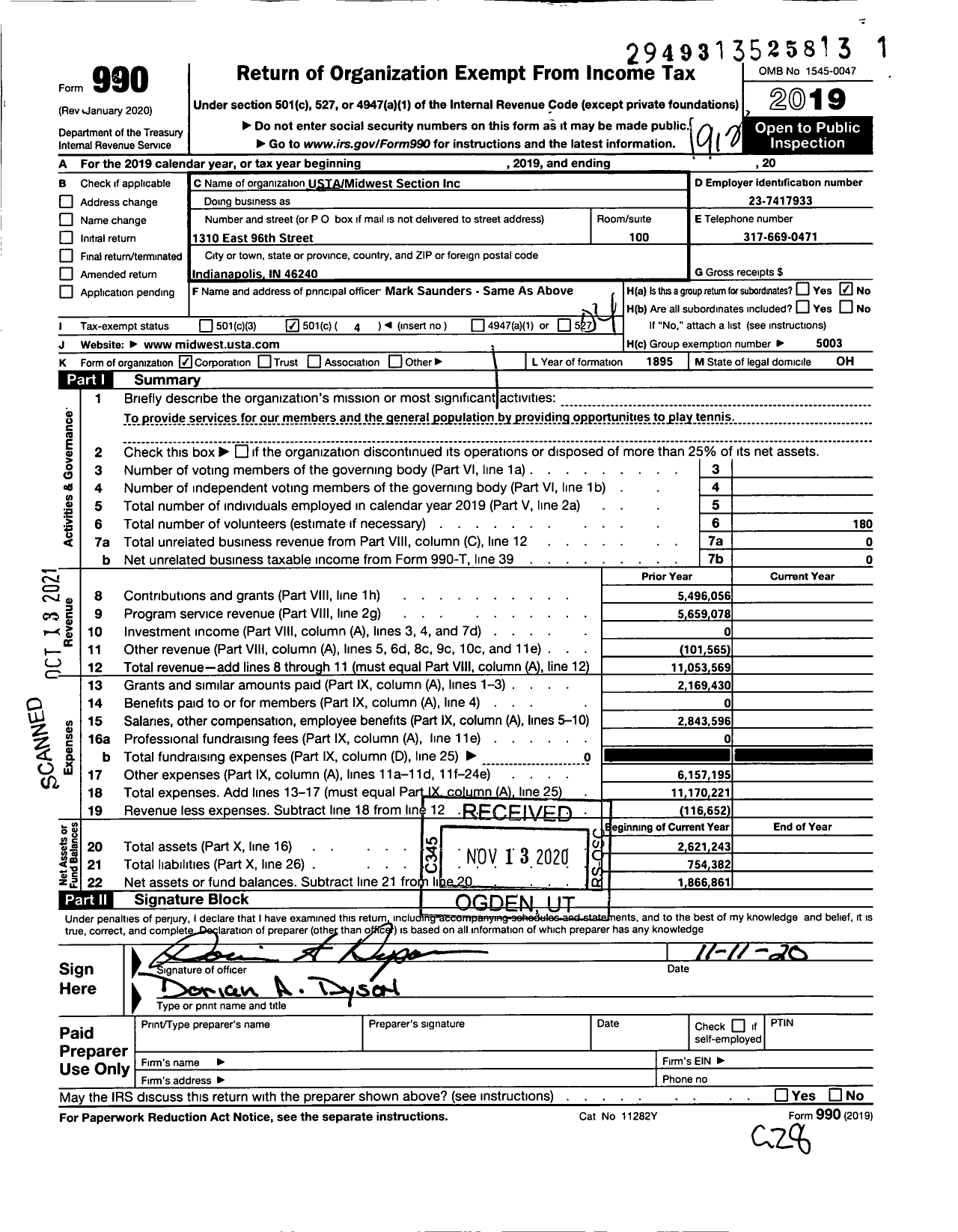Image of first page of 2019 Form 990O for United States Tennis Association / Midwest Section