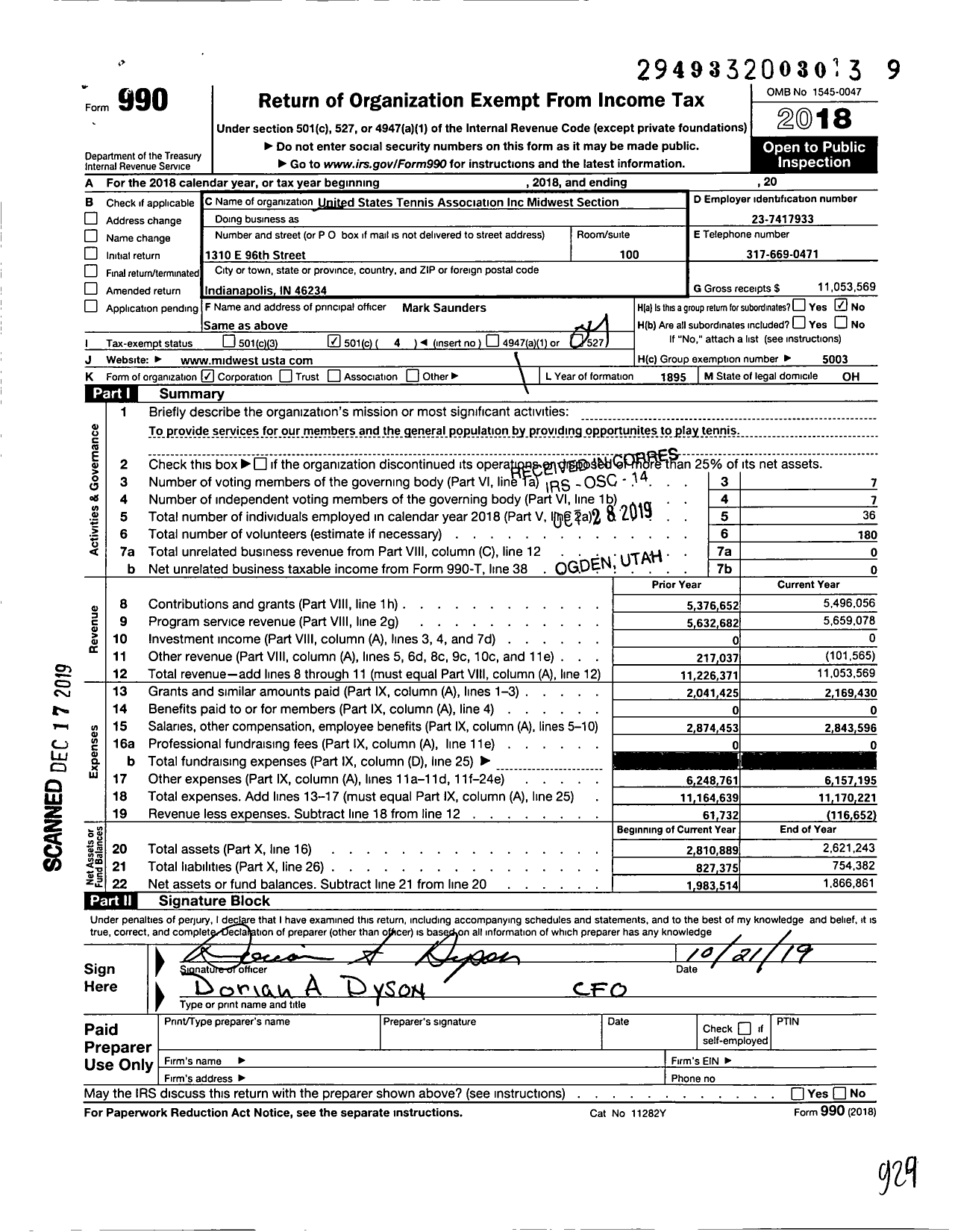 Image of first page of 2018 Form 990O for United States Tennis Association / Midwest Section