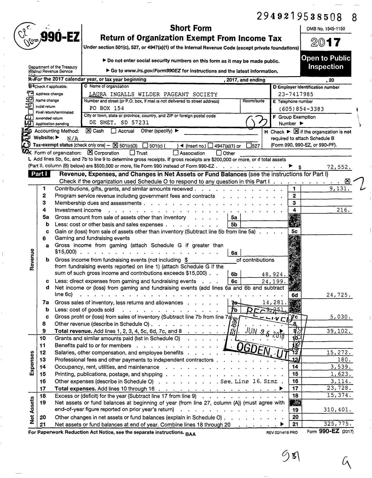 Image of first page of 2017 Form 990EZ for Laura Ingalls Wilder Pageant Society