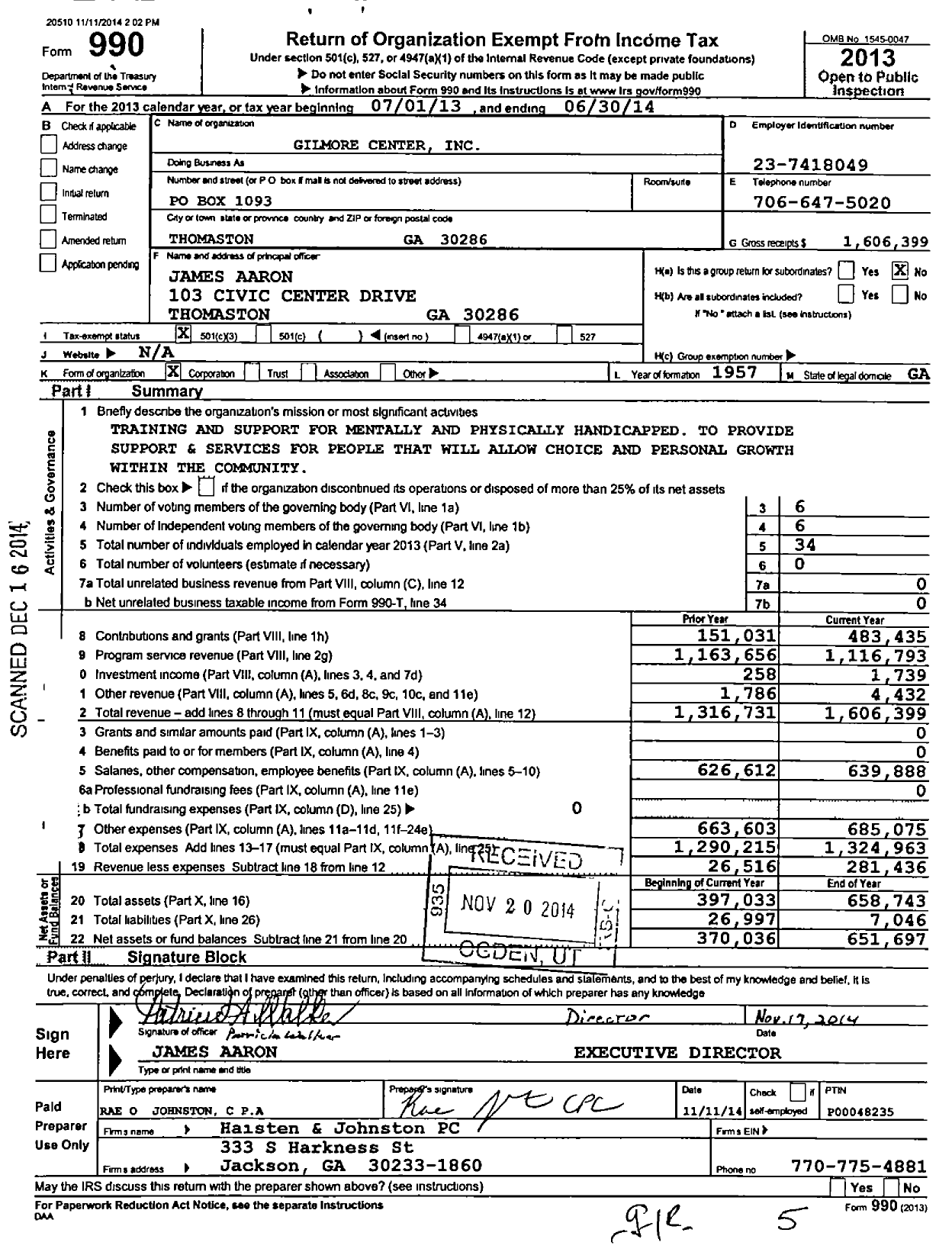Image of first page of 2013 Form 990 for Gilmore Center