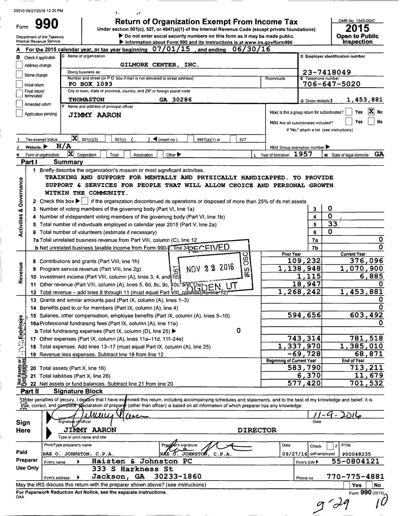 Image of first page of 2015 Form 990 for Gilmore Center