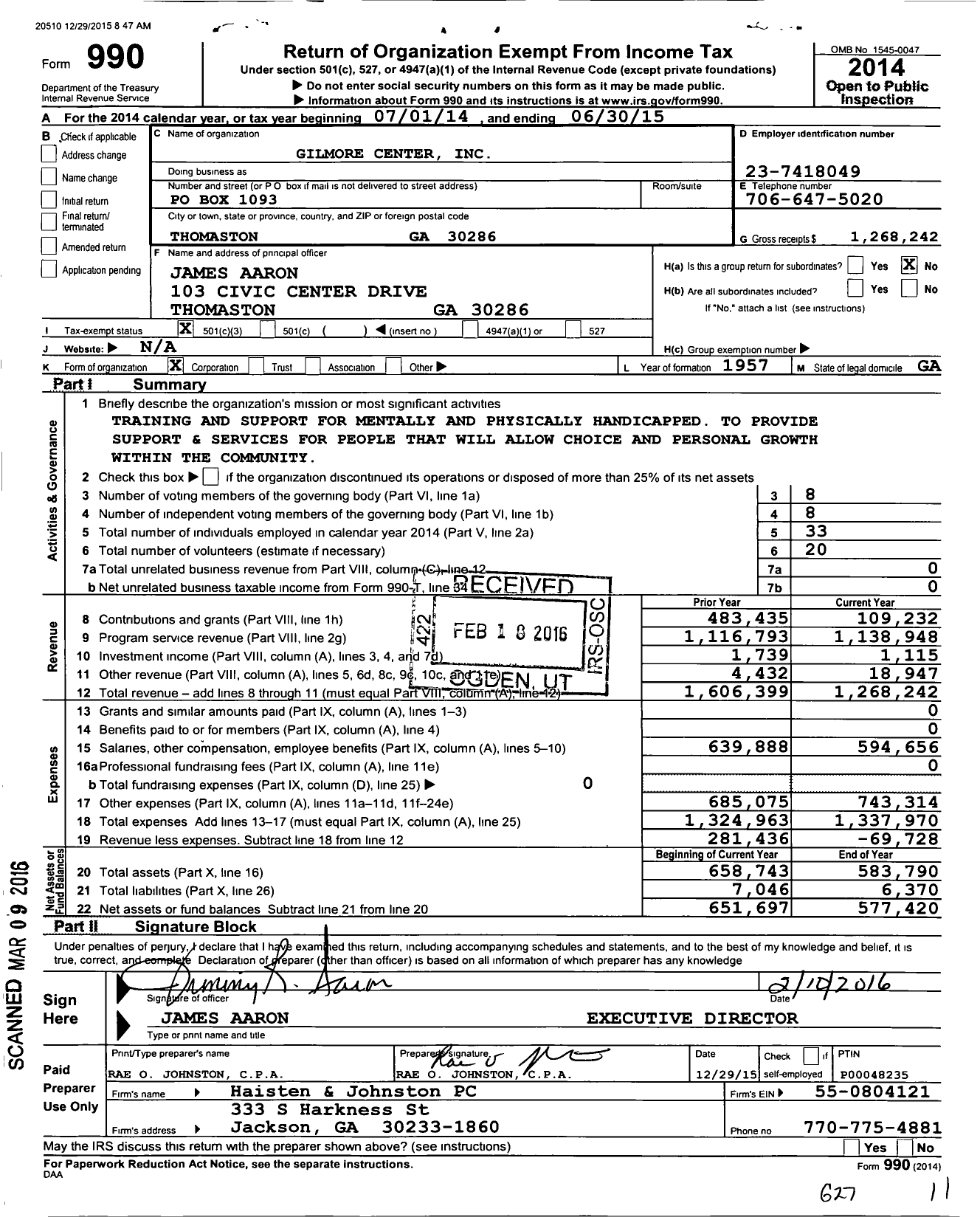 Image of first page of 2014 Form 990 for Gilmore Center