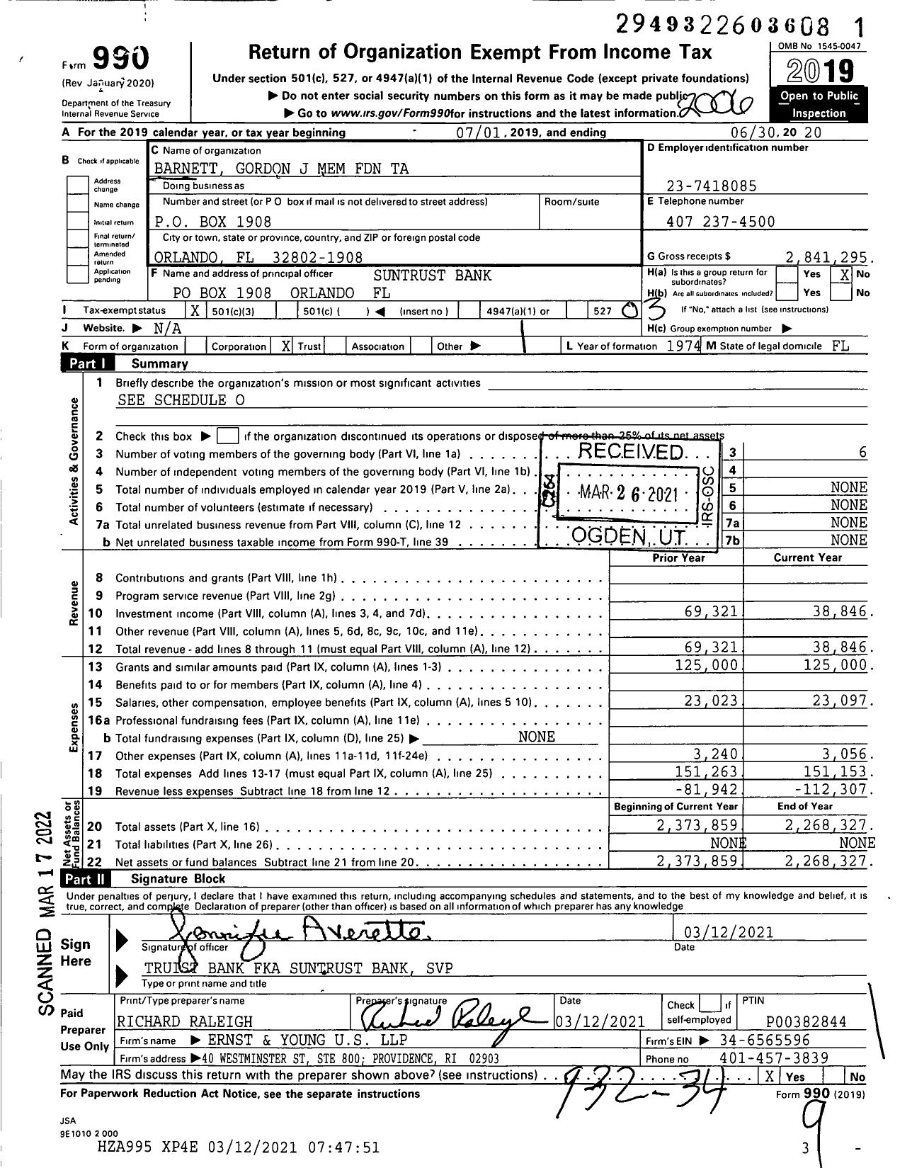 Image of first page of 2019 Form 990 for Barnett Gordon J Mem Foundation Ta