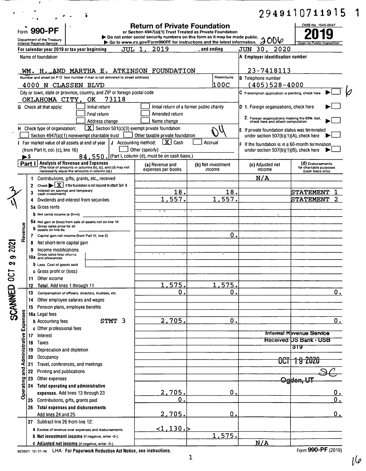 Image of first page of 2019 Form 990PF for WM H and Martha E Atkinson Foundation