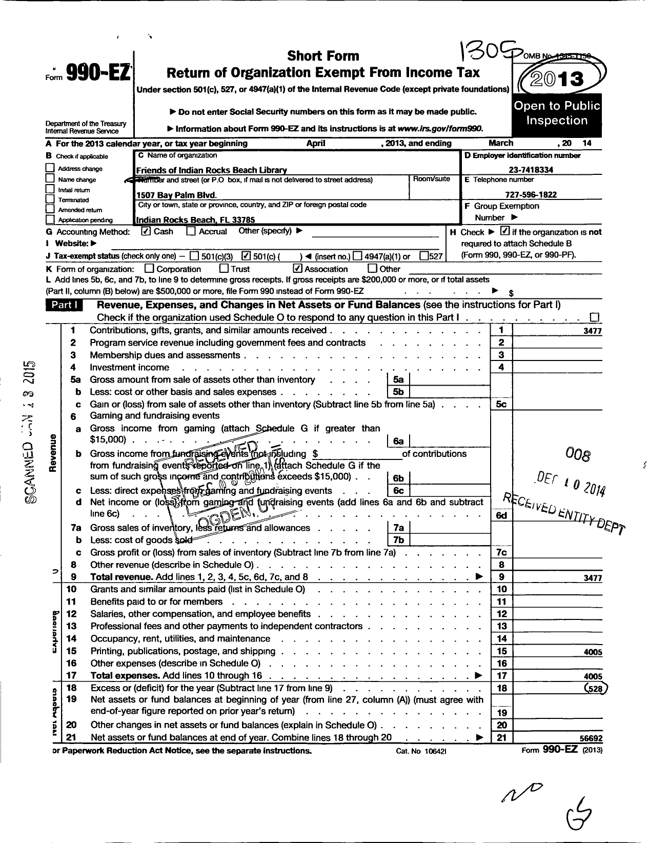 Image of first page of 2013 Form 990EO for Friends of the Indian Rocks Beach Library