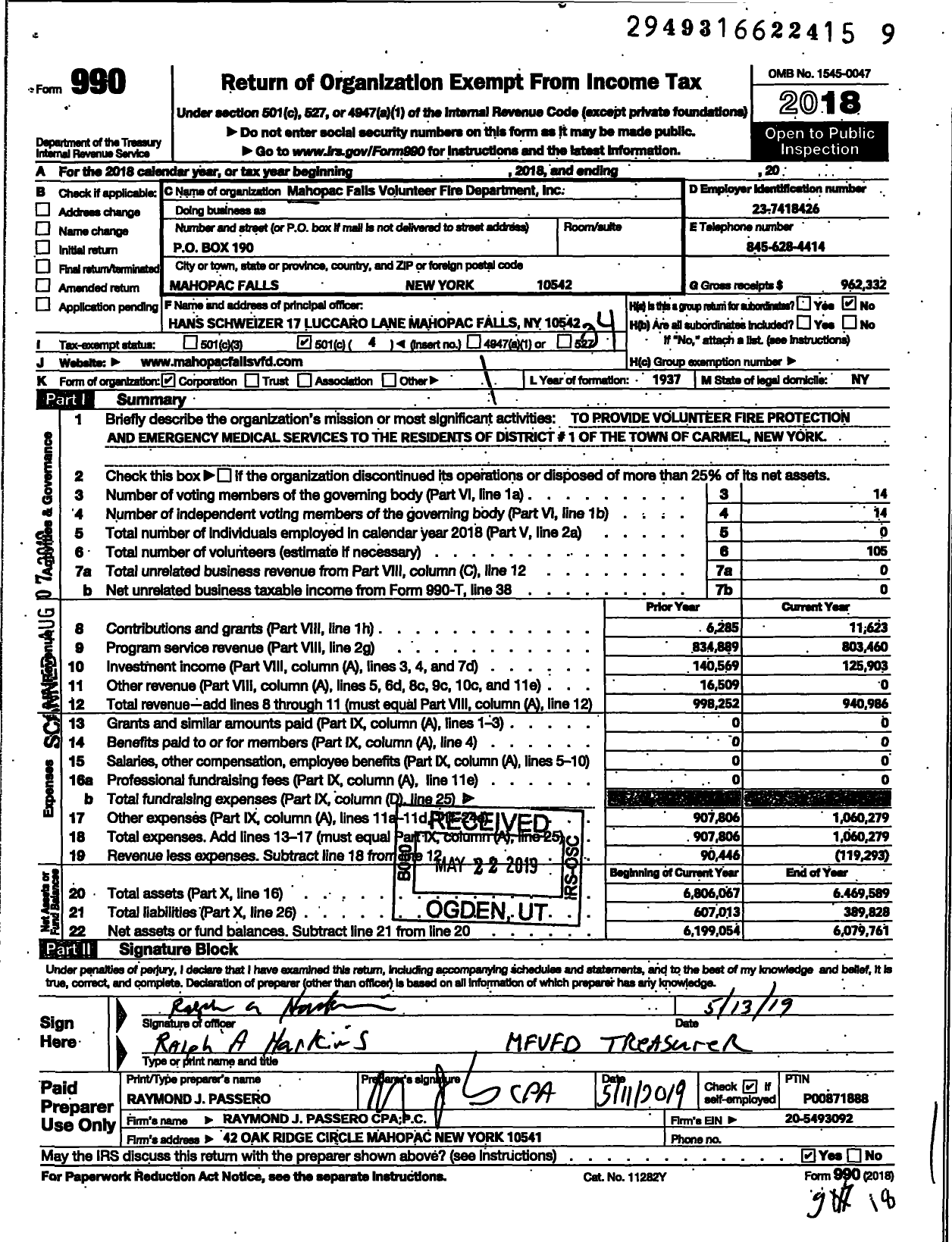 Image of first page of 2018 Form 990O for Mahopac Falls Volunteer Fire Department