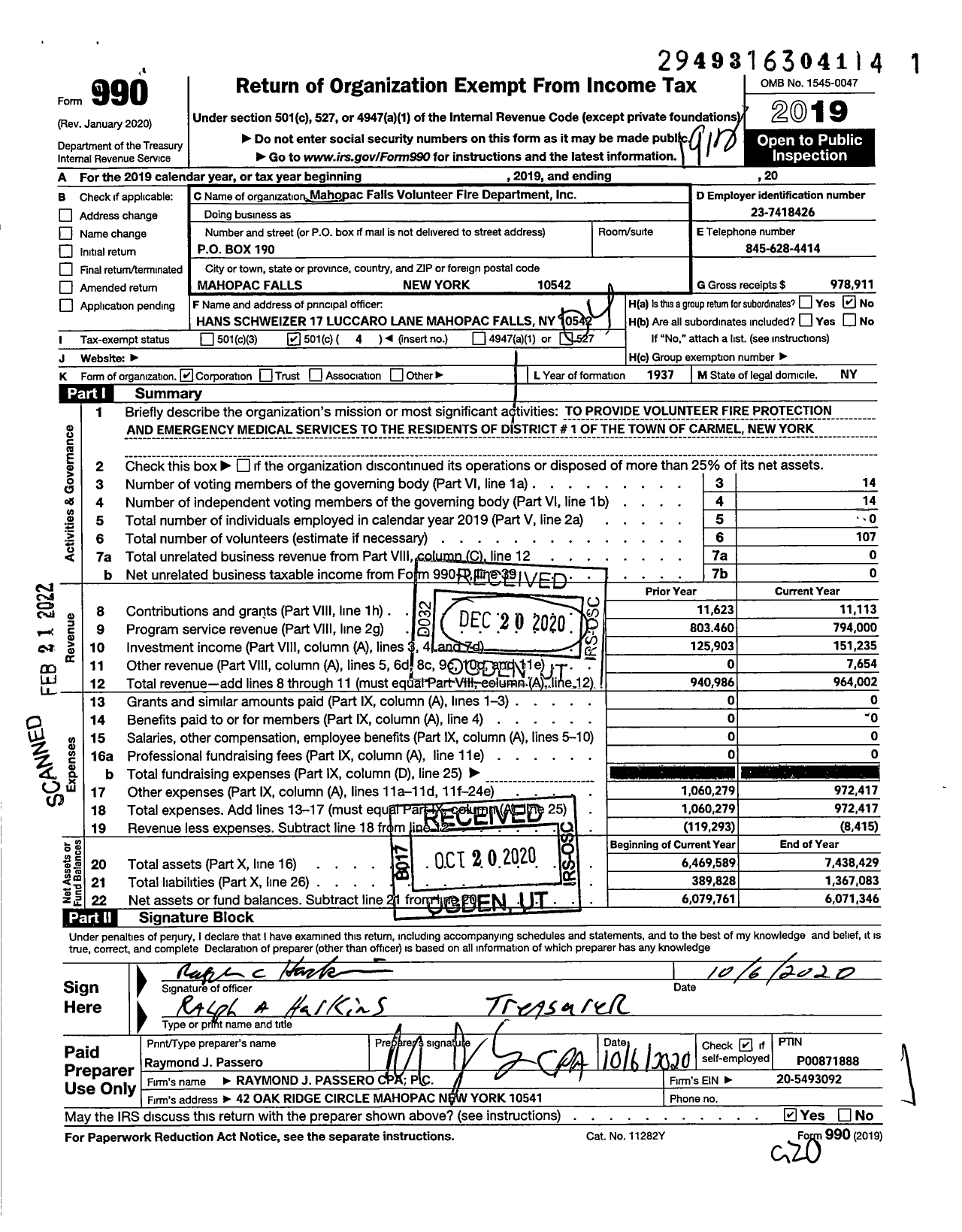 Image of first page of 2019 Form 990O for Mahopac Falls Volunteer Fire Department