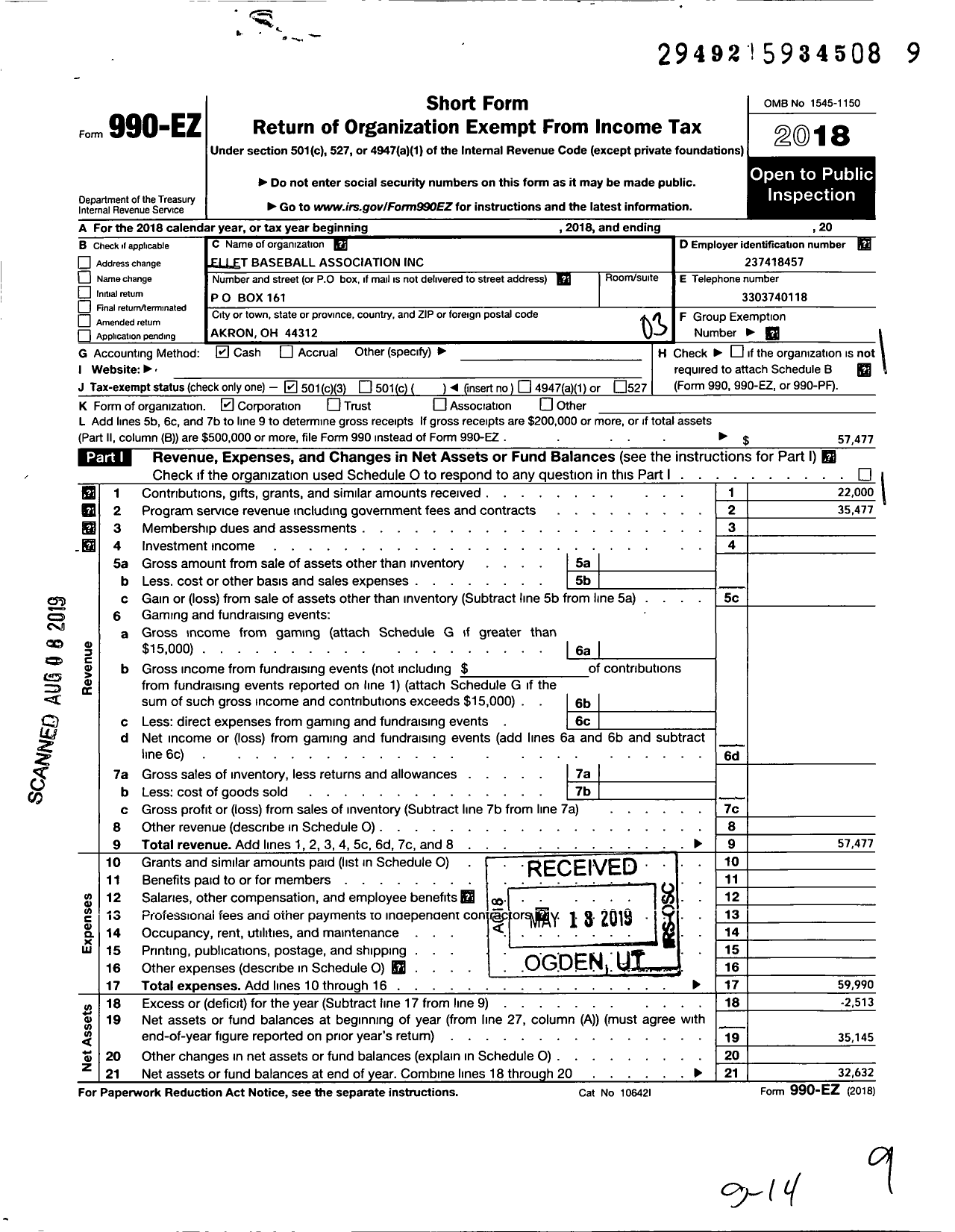 Image of first page of 2018 Form 990EZ for Ellet Baseball Association