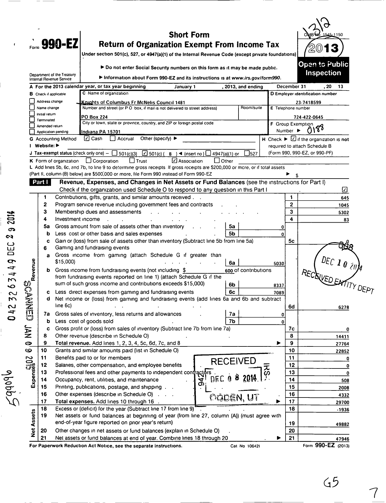 Image of first page of 2013 Form 990EO for Knights of Columbus - 1481 Father Mcneils Council