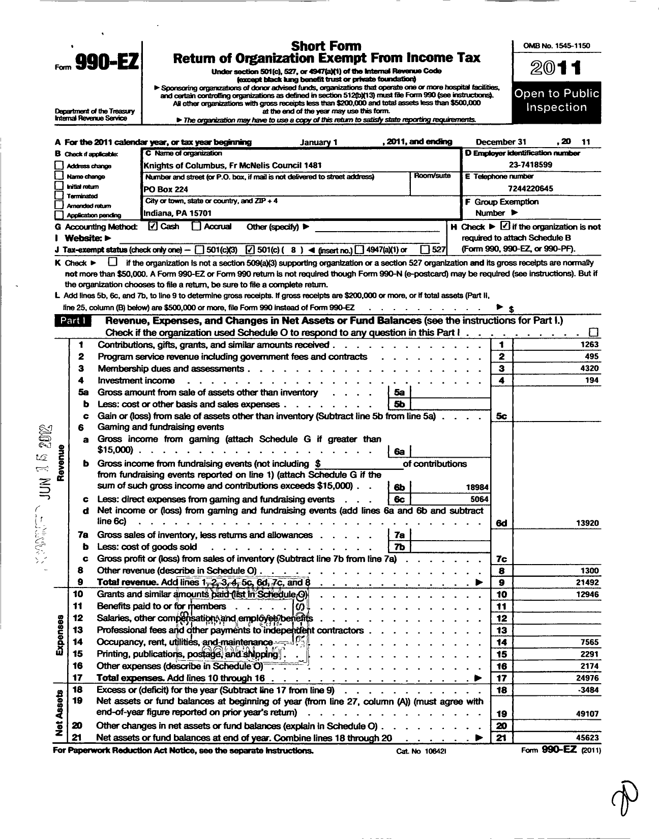 Image of first page of 2011 Form 990EO for Knights of Columbus - 1481 Father Mcneils Council