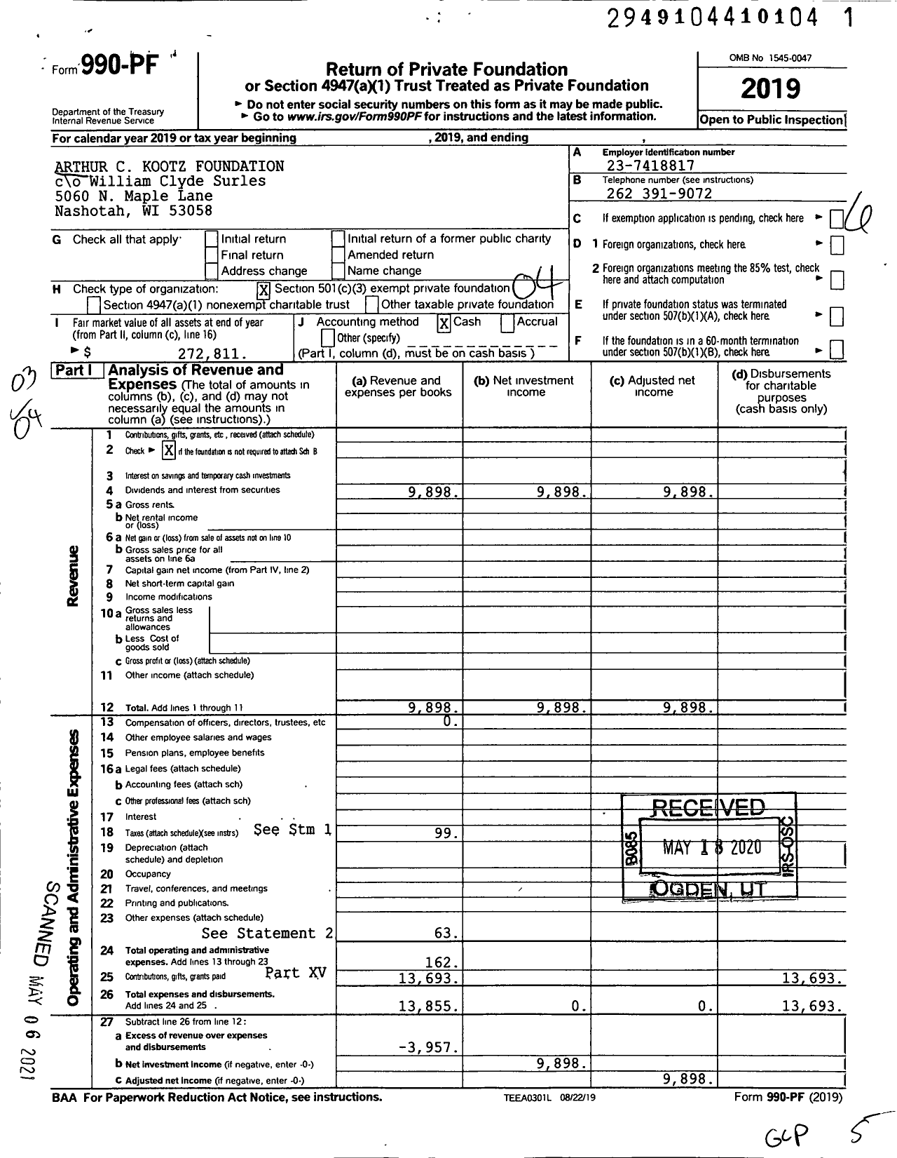 Image of first page of 2019 Form 990PF for Arthur C Kootz Foundation