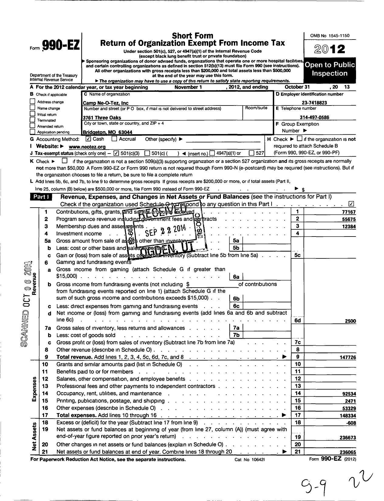 Image of first page of 2012 Form 990EZ for Camp Ne-O-Tez