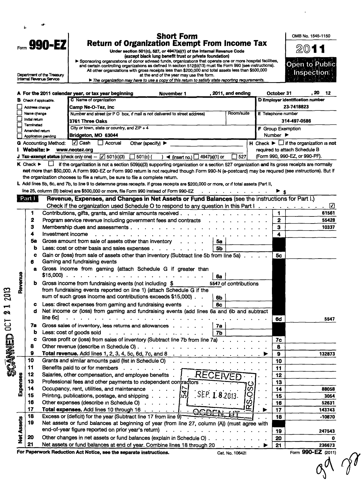 Image of first page of 2011 Form 990EZ for Camp Ne-O-Tez