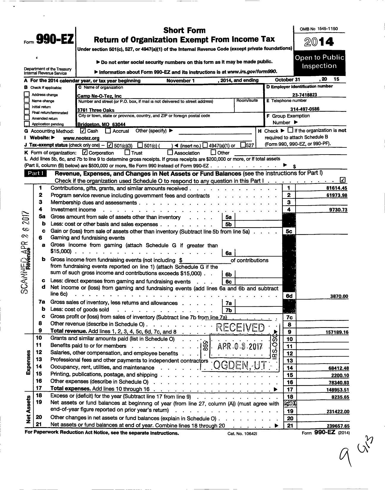 Image of first page of 2014 Form 990EZ for Camp Ne-O-Tez