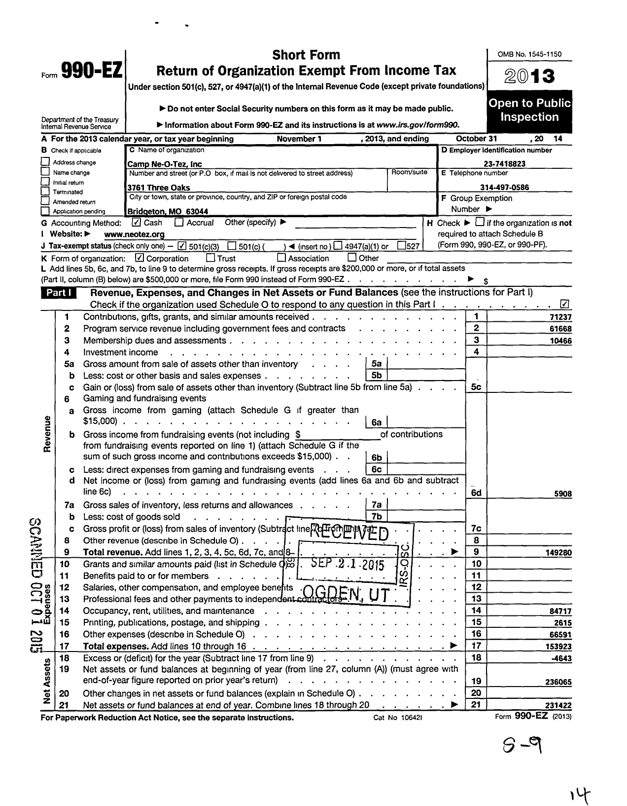 Image of first page of 2013 Form 990EZ for Camp Ne-O-Tez