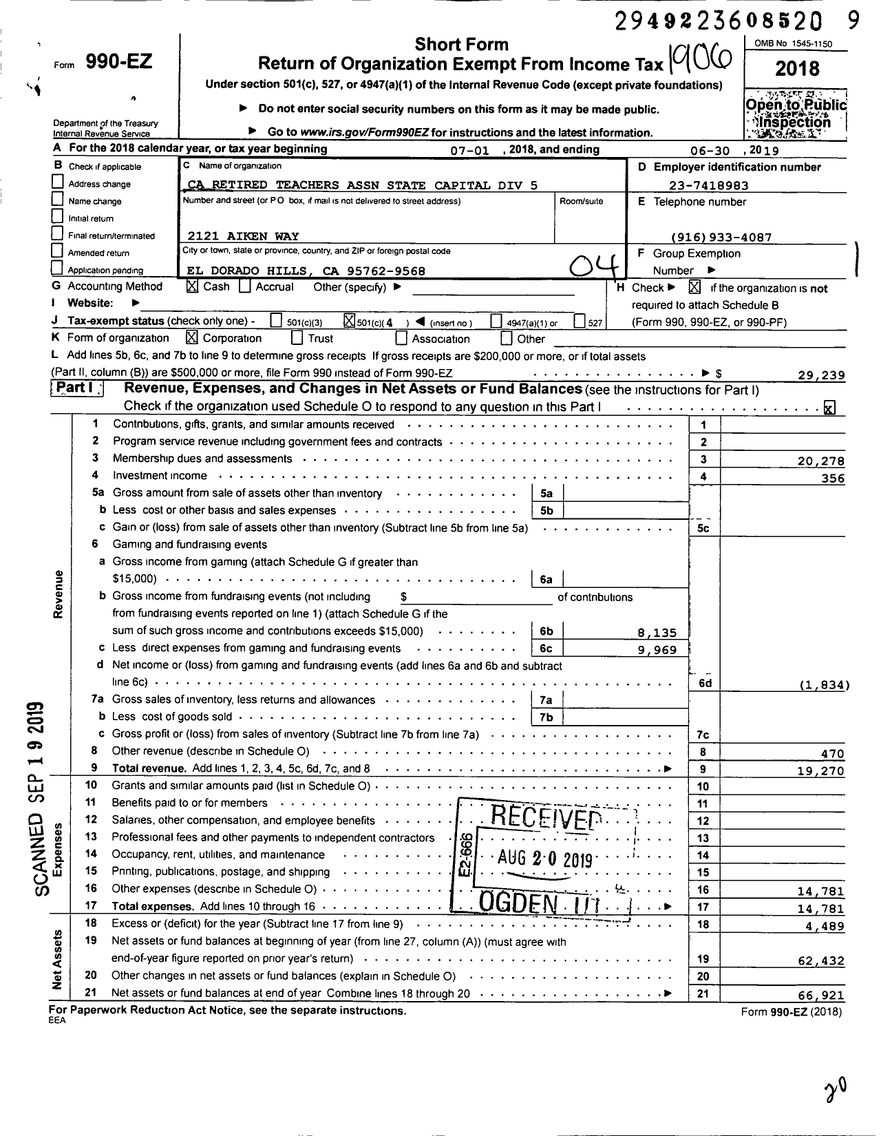 Image of first page of 2018 Form 990EO for California Retired Teachers Association / Iii-05 State Capital