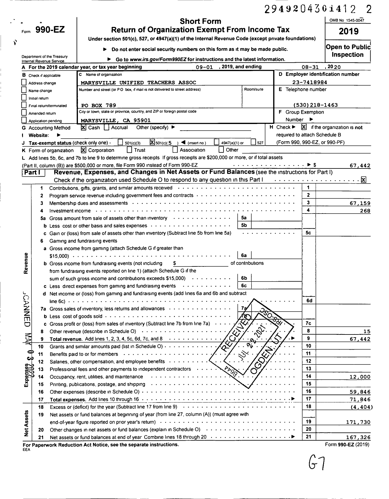 Image of first page of 2019 Form 990EO for Marysville Unified Teachers Association