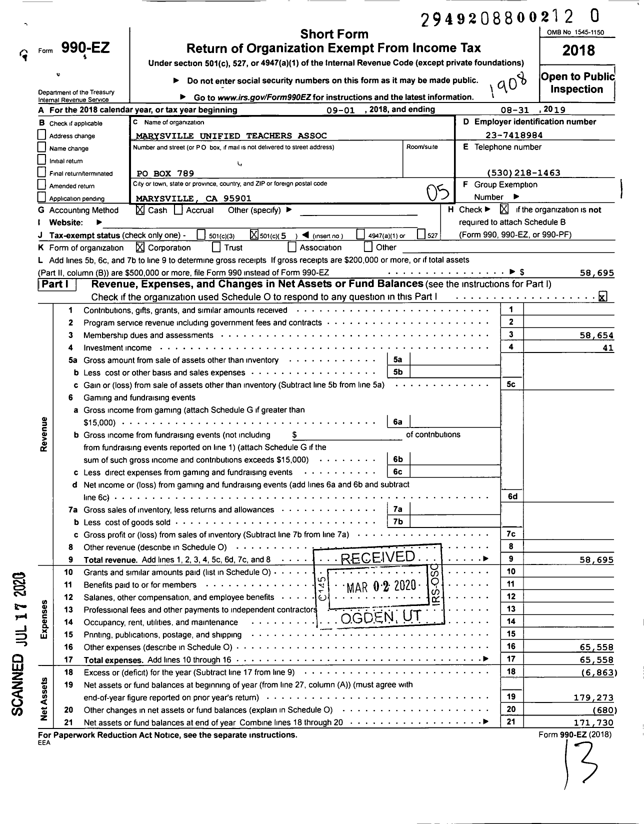 Image of first page of 2018 Form 990EO for Marysville Unified Teachers Association