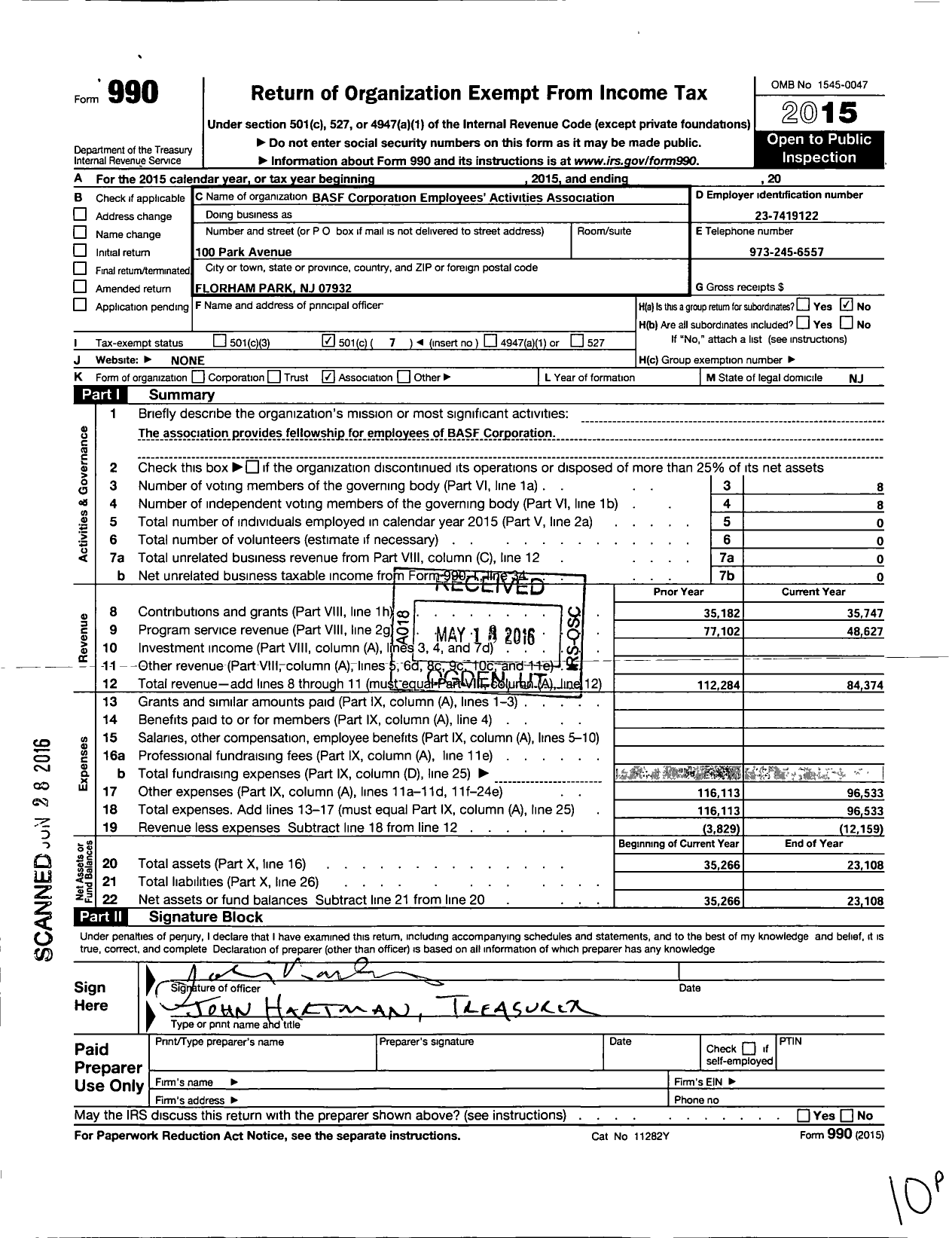 Image of first page of 2015 Form 990O for BCH Employees Activities Association