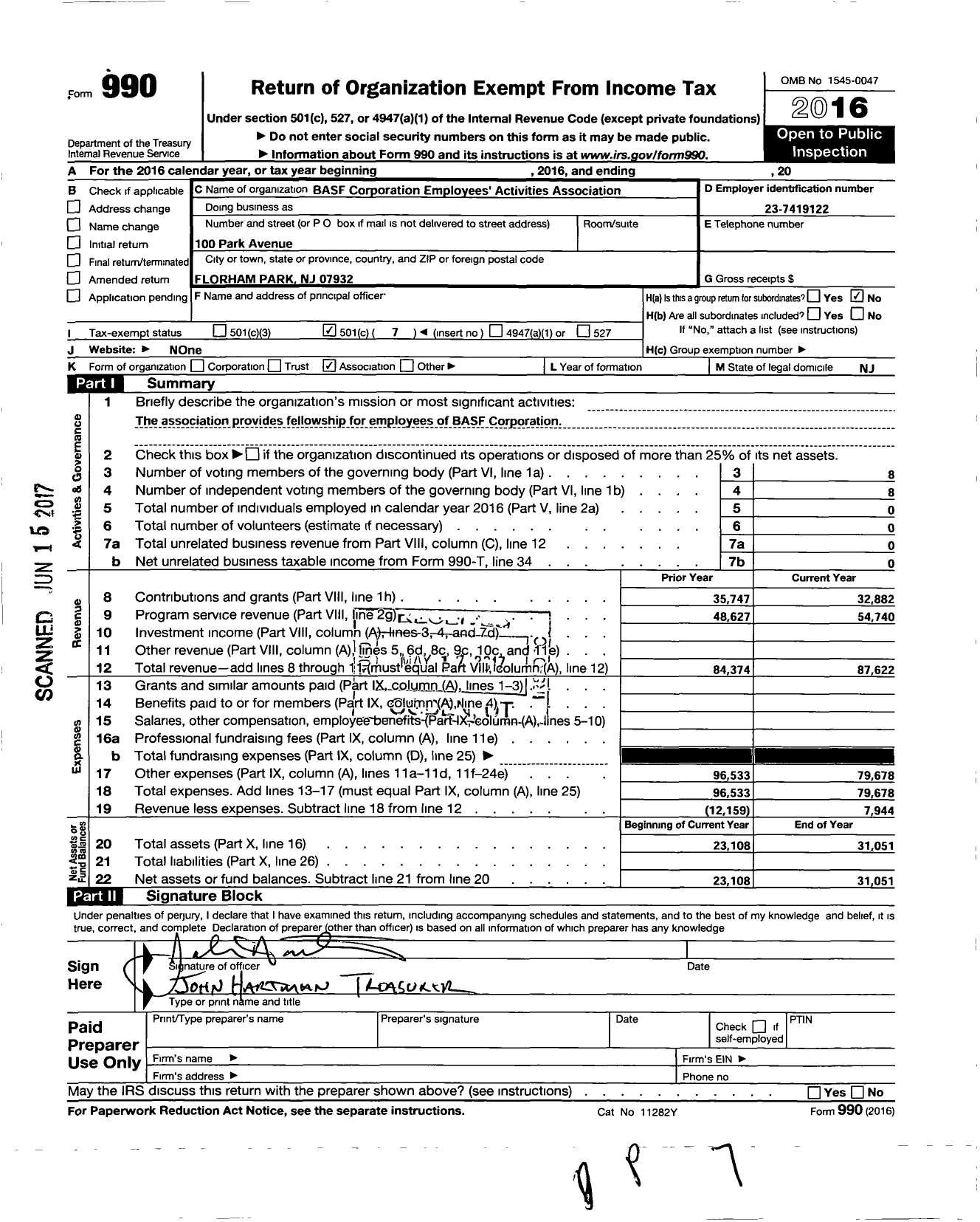 Image of first page of 2016 Form 990O for BCH Employees Activities Association