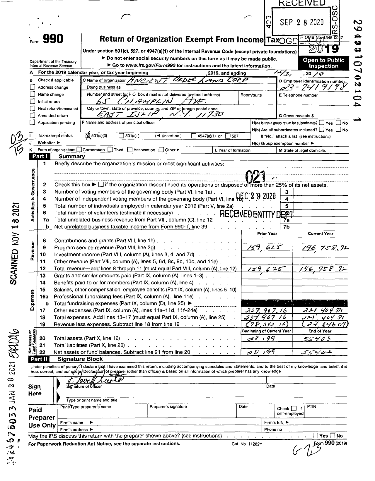 Image of first page of 2019 Form 990 for Ancient Order Land Corp