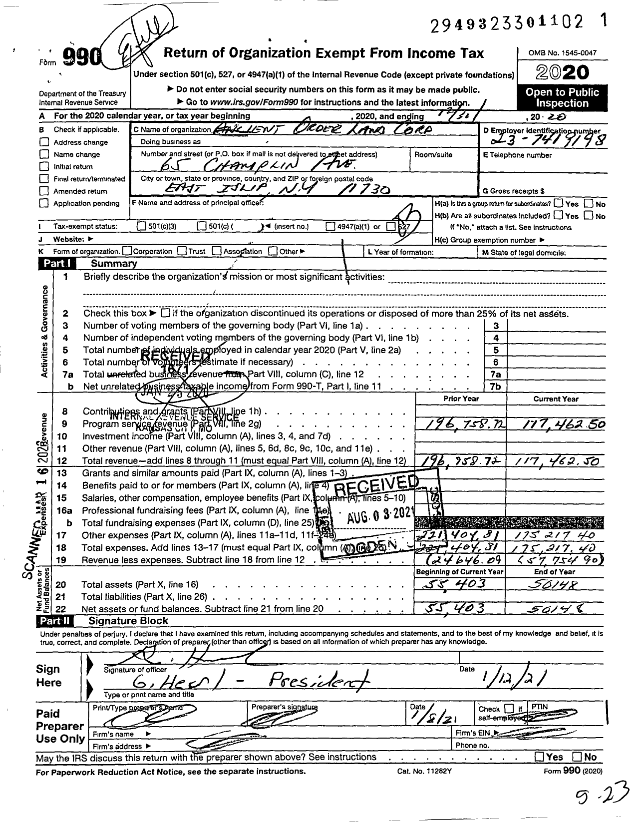 Image of first page of 2020 Form 990 for Ancient Order Land Corp