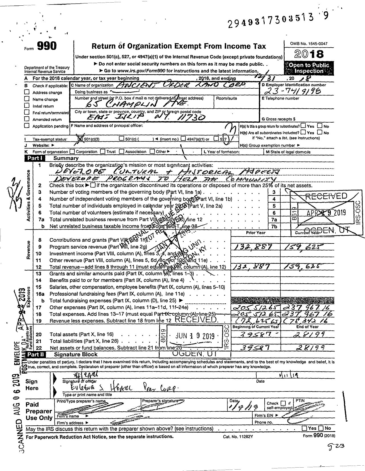 Image of first page of 2018 Form 990 for Ancient Order Land Corp