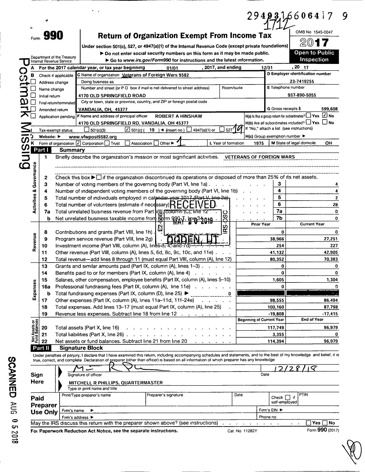 Image of first page of 2017 Form 990O for Ohio VFW - VFW Post 9582