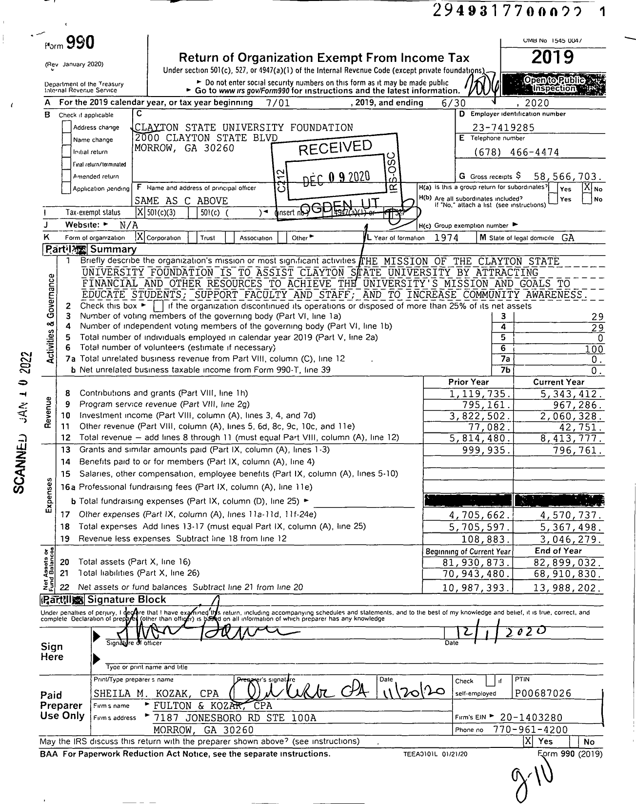 Image of first page of 2019 Form 990 for Clayton State University Foundation