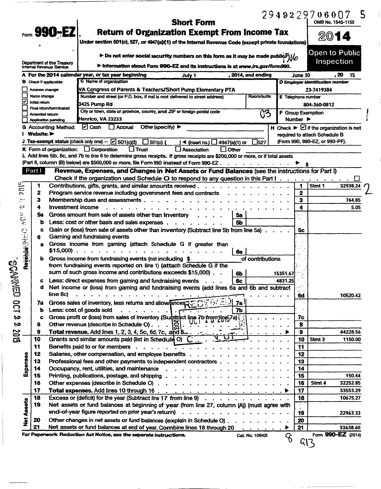 Image of first page of 2014 Form 990EZ for Virginia PTA - Short Pump Elementary School PTA