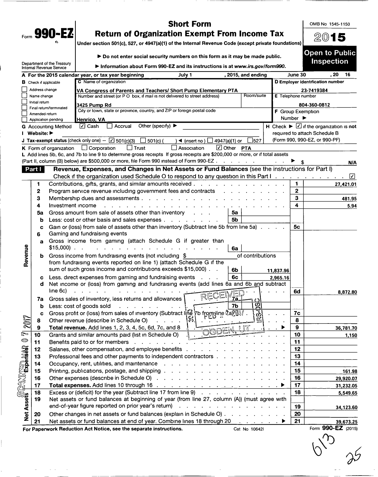 Image of first page of 2015 Form 990EZ for Virginia PTA - Short Pump Elementary School PTA