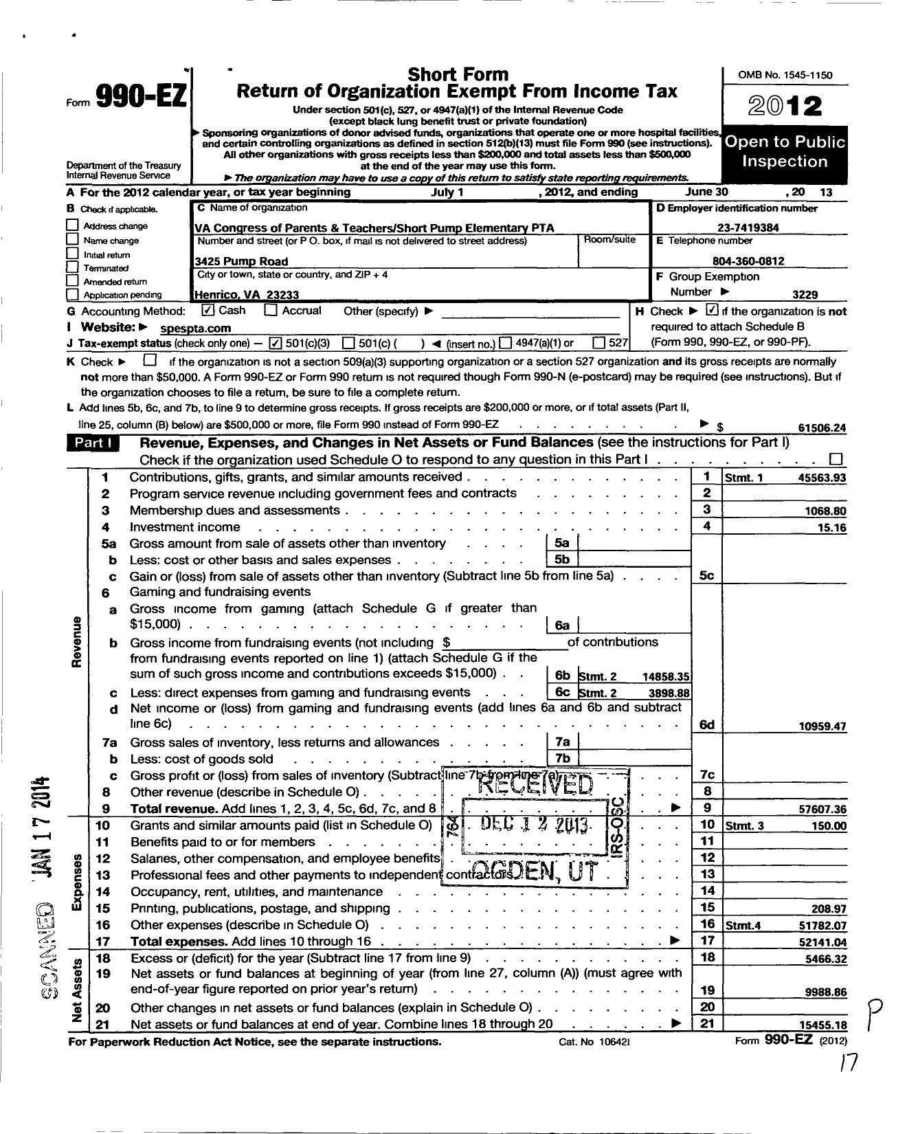 Image of first page of 2012 Form 990EZ for Virginia PTA - Short Pump Elementary School PTA