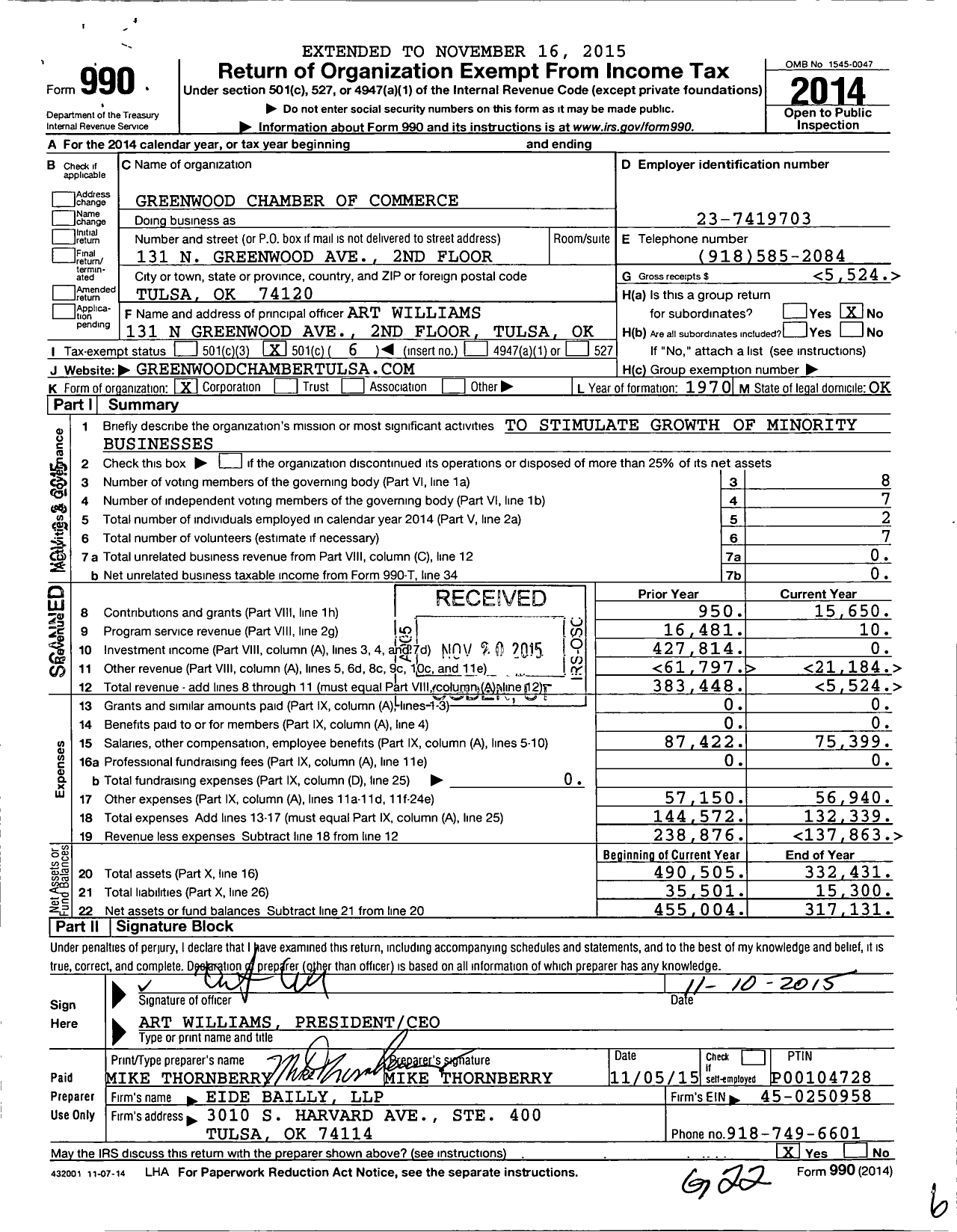 Image of first page of 2014 Form 990O for Greenwood Chamber of Commerce