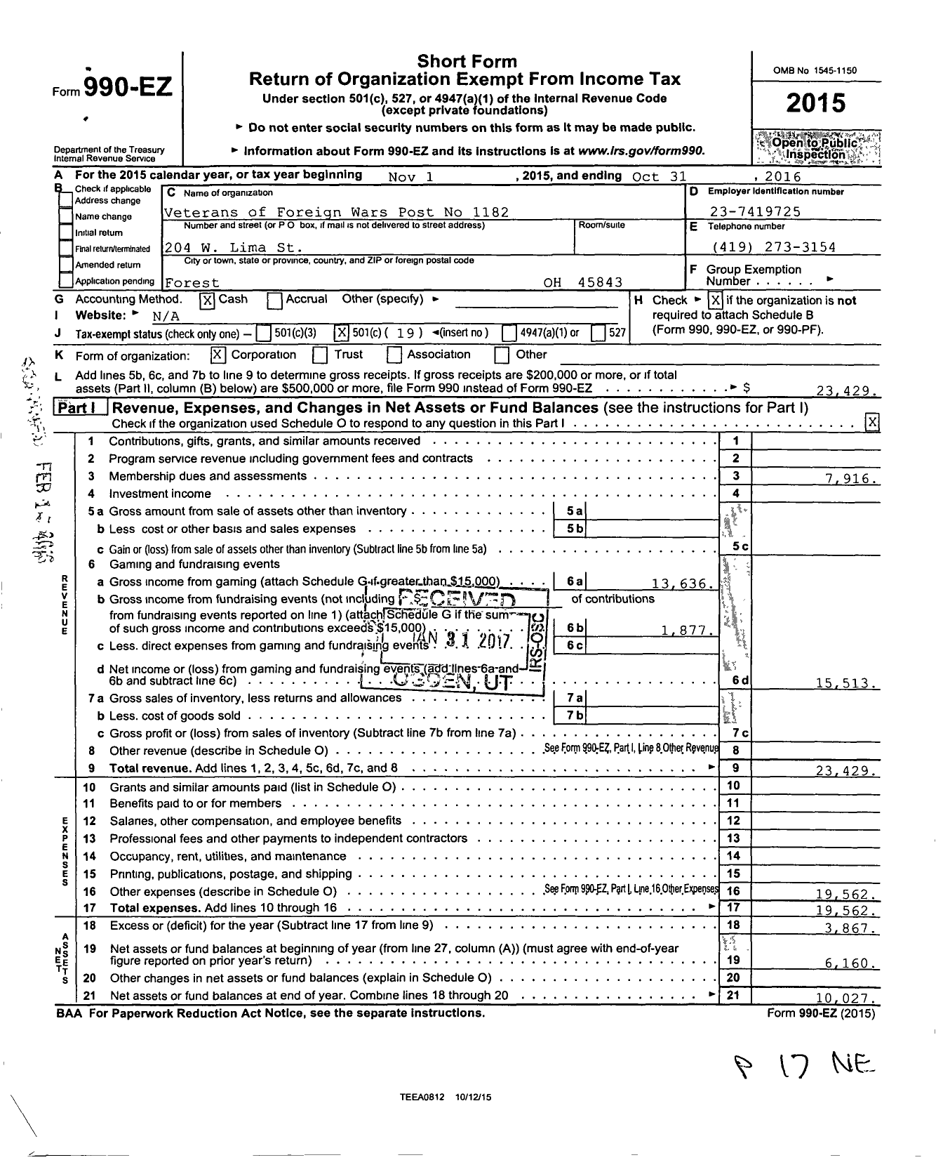 Image of first page of 2015 Form 990EO for Ohio VFW - VETERANS OF Foreign WARS Post nO 1182