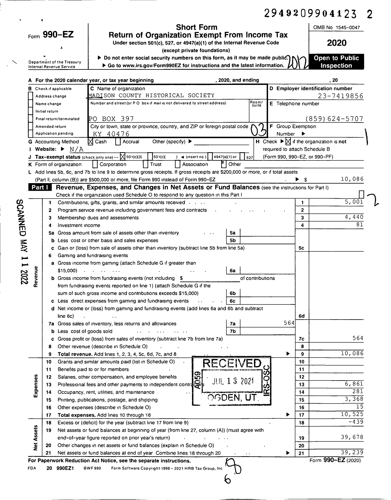 Image of first page of 2020 Form 990EZ for Madison County Historical Society